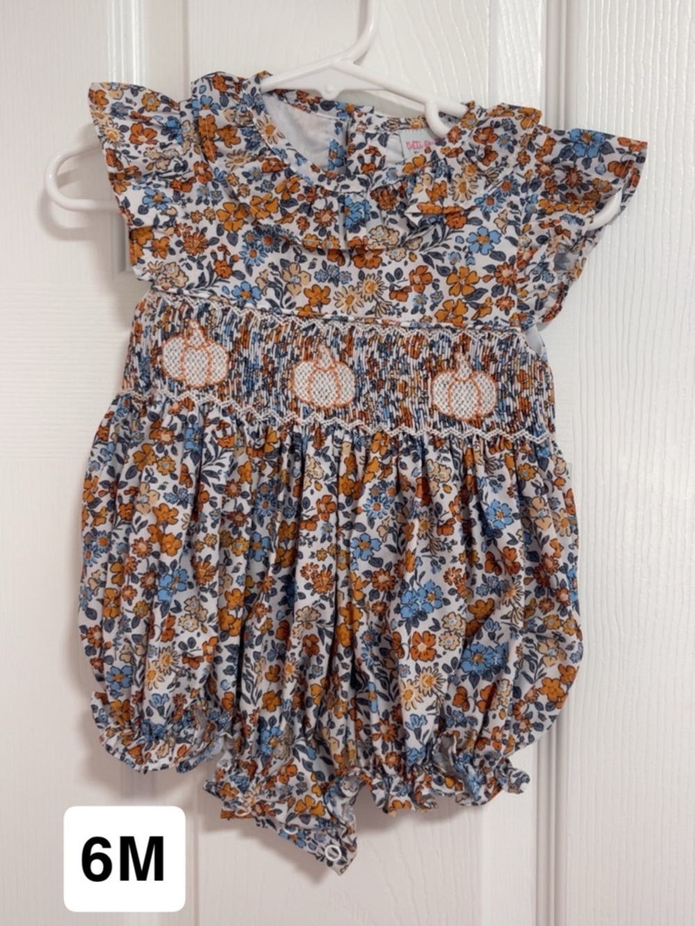 Smocked Floral Baby One-Piece Romper - Blue & Mustard
